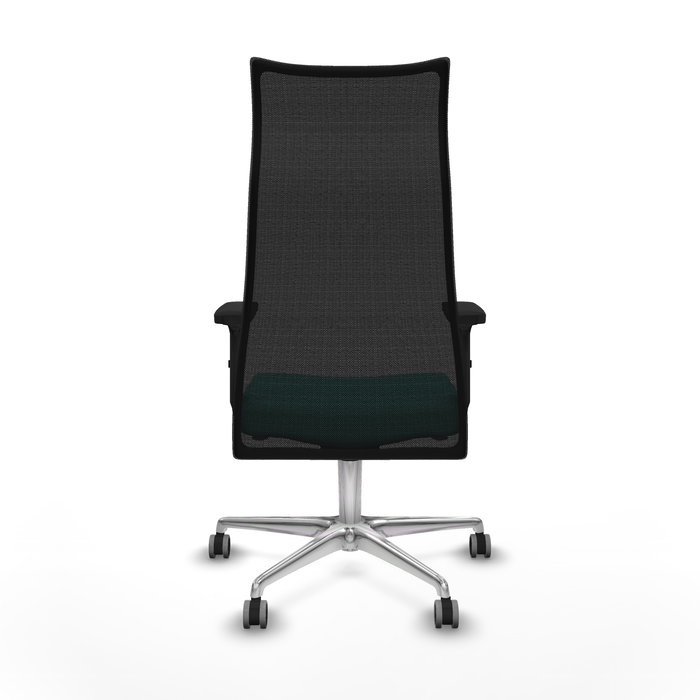 Sillón Albacete con mecanismo Sincro tapizada con Similpiel color Turquesa y malla color Negro. Equipado con Base aluminio, Brazos 2D y Ruedas 65 mm parqué