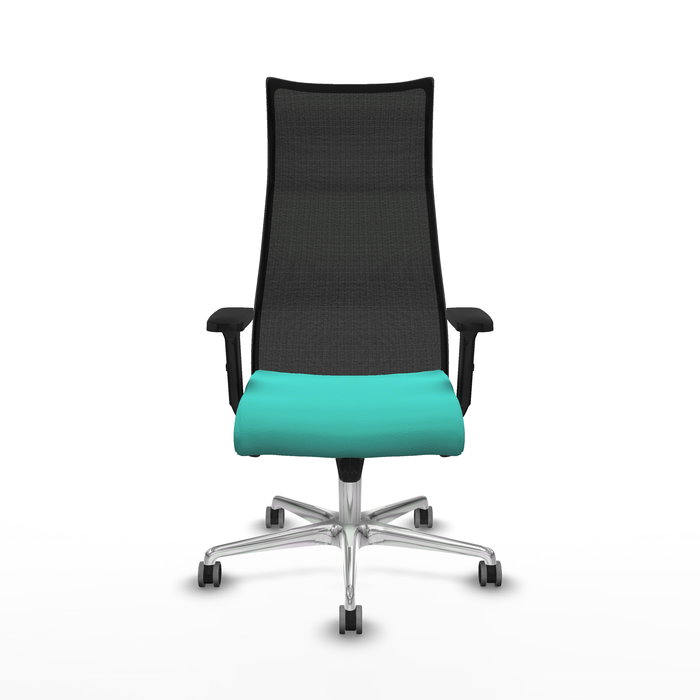 Sillón Albacete con mecanismo Sincro tapizada con Similpiel color Turquesa y malla color Negro. Equipado con Base aluminio, Brazos 2D y Ruedas 65 mm parqué