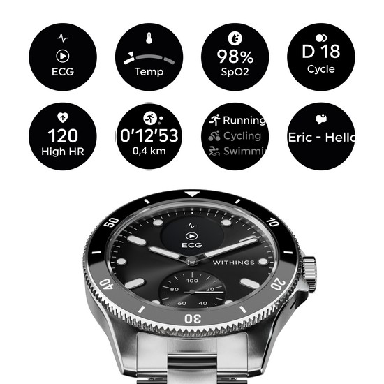 Withings Scanwatch Nova 42 mm Smartwatch Negro Caja Acero Inoxidable Pulsera Plata