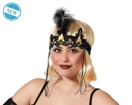 Tocado Negro con Pluma, Encaje y Adornos Dorados para Cabaret
