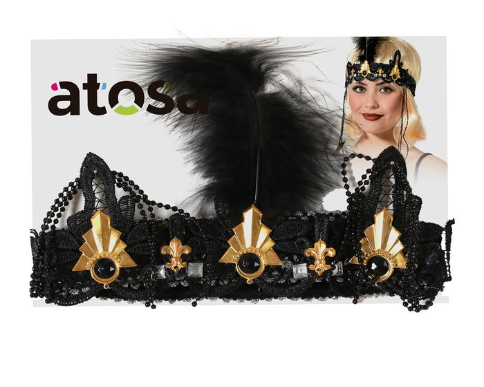 Tocado Negro con Pluma, Encaje y Adornos Dorados para Cabaret