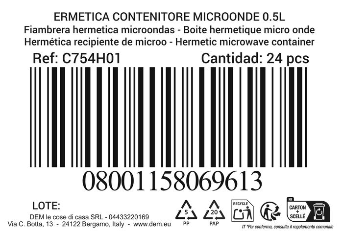 Dem Fiambrera Hermética Rectangular 0.5L para Microondas | 14.5 x 10 x 6 cm (24 Unidades)
