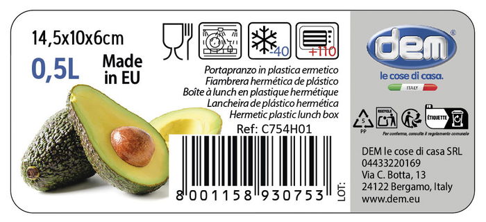 Dem Fiambrera Hermética Rectangular 0.5L para Microondas | 14.5 x 10 x 6 cm (24 Unidades)