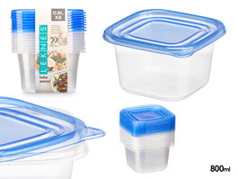 Leknes Set 8 Fiambreras Tapa Cuadrada 880ml Plástico PP Azul y Transparente 14.5 x 14.5 x 16.5 cm (Set de 8)