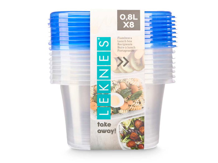 Leknes Set 8 Fiambreras Tapa Cuadrada 880ml Plástico PP Azul y Transparente 14.5 x 14.5 x 16.5 cm (Set de 8)