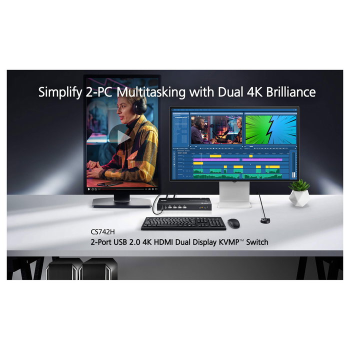 ATEN CS742H Conmutador KVM 2 Puertos USB Dual Monitor 4K HDMI 5120x1440 QHD con Cables USB y Hub