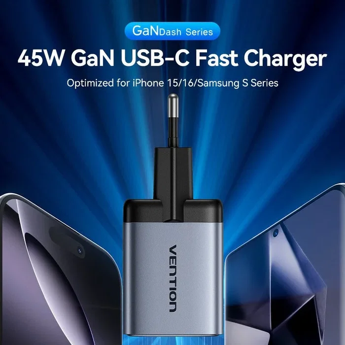 Vention Cargador de Pared GaN FCDH0-EU 2xUSB Tipo-C 45W Gris Vention Cargador de Pared GaN FCDH0-EU 2xUSB Tipo-C 45W Gris