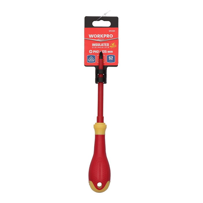 Workpro Destornillador Phillips PH2 125mm Aislado VDE 1000V para 10000V - Acero Cromo Vanadio - Rojo/Amarillo