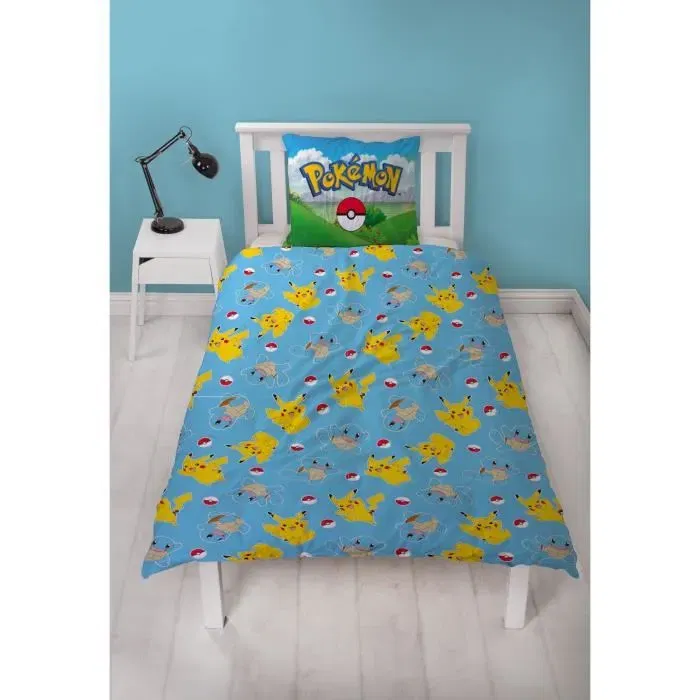 Pokemon Juego de Cama Pikachu y Amigos Azul Microfibra Funda Nórdica 140x200 cm + Funda Almohada 63x63 cm