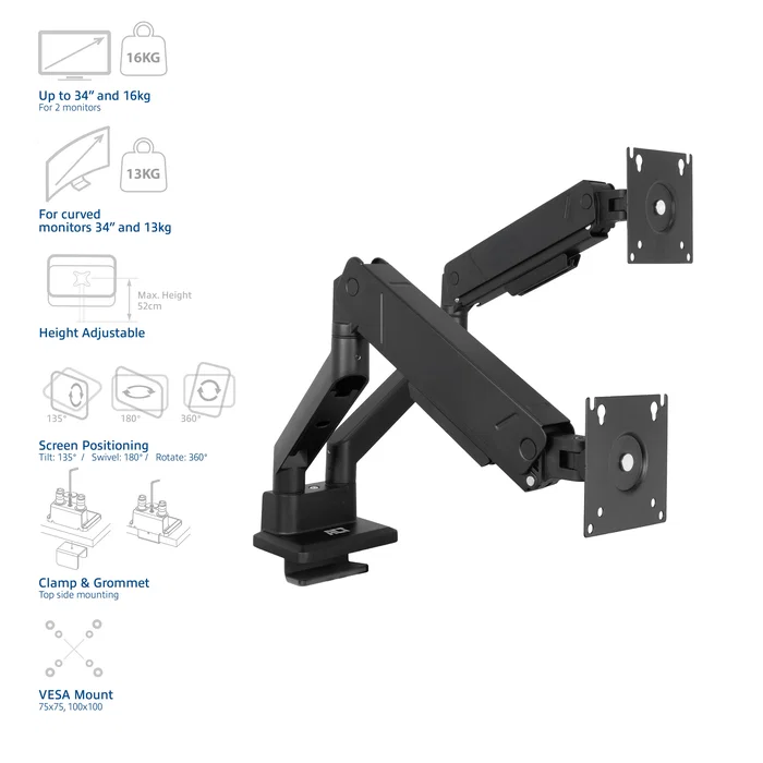 ACT Brazo para 2 Monitores de hasta 34 Pulgadas Office Solid Pro con Resorte de Gas ACT Brazo para 2 Monitores de hasta 34 Pulgadas Office Solid Pro con Resorte de Gas