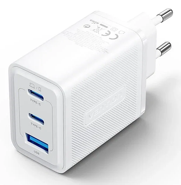 Vention Cargador de Pared GaN 65W, 3 Puertos USB (2x Tipo-C + 1x USB-A), Blanco, Compatible con PPS/PD3.0/QC3.0, Modelo FERW0-EU