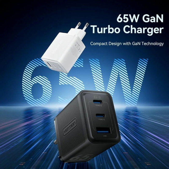 Vention Cargador de Pared GaN FERW0-EU 65W 2xUSB-C 1xUSB-A Blanco
