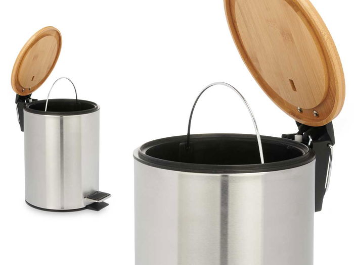 Berilo Papelera de Acero Inoxidable 3L con Tapa de Bambú, Plata y Marrón, 17 x 23 x 23 cm (Set de 6)