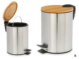 Berilo Papelera de Acero Inoxidable 3L con Tapa de Bambú, Plata y Marrón, 17 x 23 x 23 cm (Set de 6)