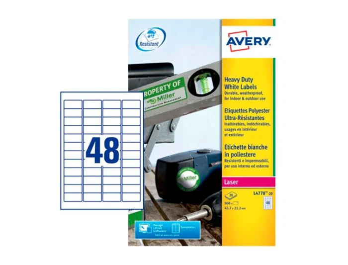Avery Etiquetas Adhesivas Poliéster Blanco Extra Resistente Láser 45,7x21,2 mm Caja de 960 Unidades