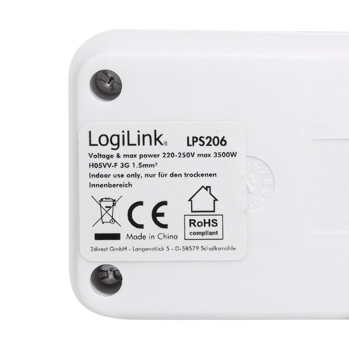 LogiLink Regleta de 3 tomas de seguridad con interruptor, 1.5m, blanco