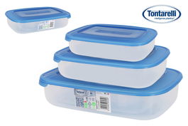 Tontarelli Set 3 Fiambreras Rectangulares 1L, 2L, 3L con Tapa Azul | 29.6x19.8x7.7 cm (20 Cajas)