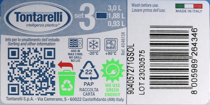 Tontarelli Set 3 Fiambreras Rectangulares 1L, 2L, 3L con Tapa Azul | 29.6x19.8x7.7 cm (20 Cajas)