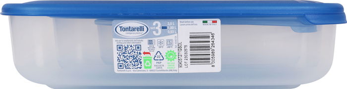 Tontarelli Set 3 Fiambreras Rectangulares 1L, 2L, 3L con Tapa Azul | 29.6x19.8x7.7 cm (20 Cajas)
