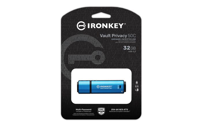Kingston Vault Privacy 50C 32GB USB-C 3.2 Gen 1, AES-256, FIPS 197, Resistente al Agua, Negro/Azul