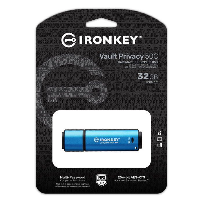 Kingston Vault Privacy 50C 32GB USB-C 3.2 Gen 1, AES-256, FIPS 197, Resistente al Agua, Negro/Azul