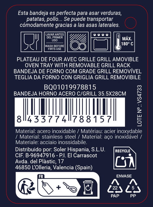 Quttin Bandeja para Horno de Acero con Grill 35.5 x 28 cm (12 Unidades) Quttin Bandeja para Horno de Acero con Grill 35.5 x 28 cm (12 Unidades)