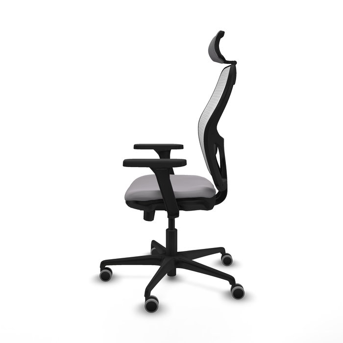 Silla de oficina Jorquera con mecanismo Sincro/Traslack tapizada con Similpiel color Gris y malla color Blanco. Equipada con lumbar 1D, Brazos 3D, Cabecero 2D y Ruedas 65 mm parqué