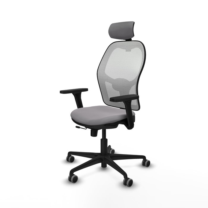 Silla de oficina Jorquera con mecanismo Sincro/Traslack tapizada con Similpiel color Gris y malla color Blanco. Equipada con lumbar 1D, Brazos 3D, Cabecero 2D y Ruedas 65 mm parqué