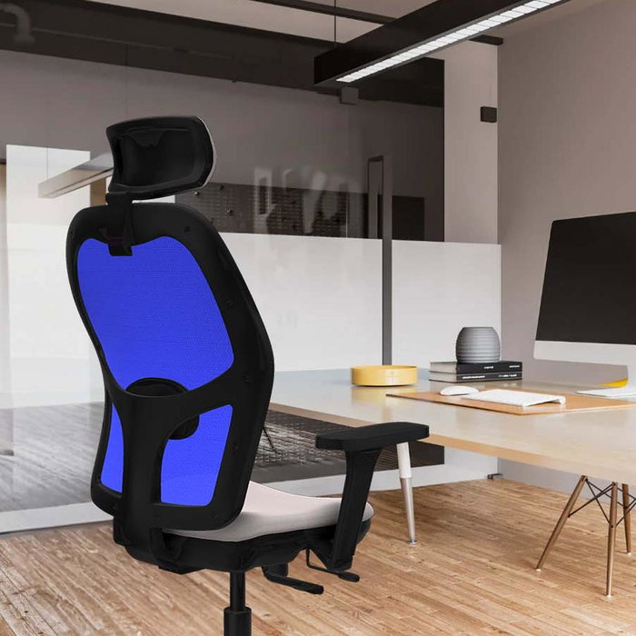 Silla de oficina Jorquera con mecanismo Sincro/Traslack tapizada con Similpiel color Gris y malla color Blanco. Equipada con lumbar 1D, Brazos 3D, Cabecero 2D y Ruedas 65 mm parqué