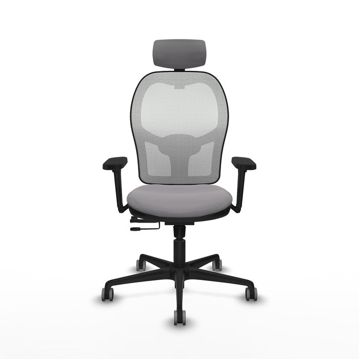 Silla de oficina Jorquera con mecanismo Sincro/Traslack tapizada con Similpiel color Gris y malla color Blanco. Equipada con lumbar 1D, Brazos 3D, Cabecero 2D y Ruedas 65 mm parqué