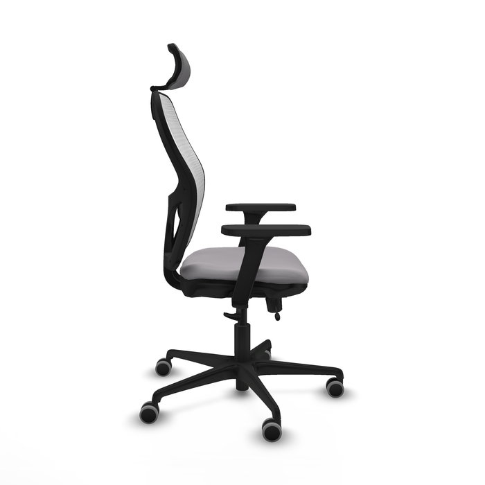 Silla de oficina Jorquera con mecanismo Sincro/Traslack tapizada con Similpiel color Gris y malla color Blanco. Equipada con lumbar 1D, Brazos 3D, Cabecero 2D y Ruedas 65 mm parqué