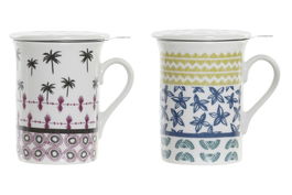 DKD Home Decor Mug Infusiones Colonial de Gres y Porcelana, 280ml, Azul Granate, 8.5 x 11 x 11 cm, Apto Microondas y Lavavajillas (12 Unidades)