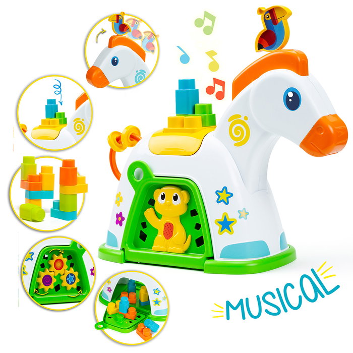 Molto Pony Actividades 26526 Zebra Juguete con Sonidos, Engranajes y 15 Bloques - Idiomas: EN, FR, DE, IT, PT, ES - Para +12 Meses