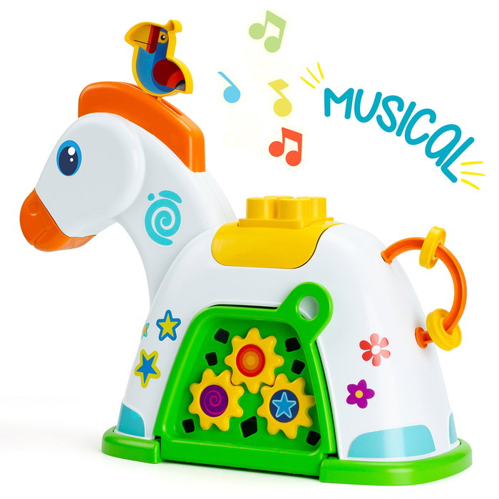 Molto Pony Actividades 26526 Zebra Juguete con Sonidos, Engranajes y 15 Bloques - Idiomas: EN, FR, DE, IT, PT, ES - Para +12 Meses