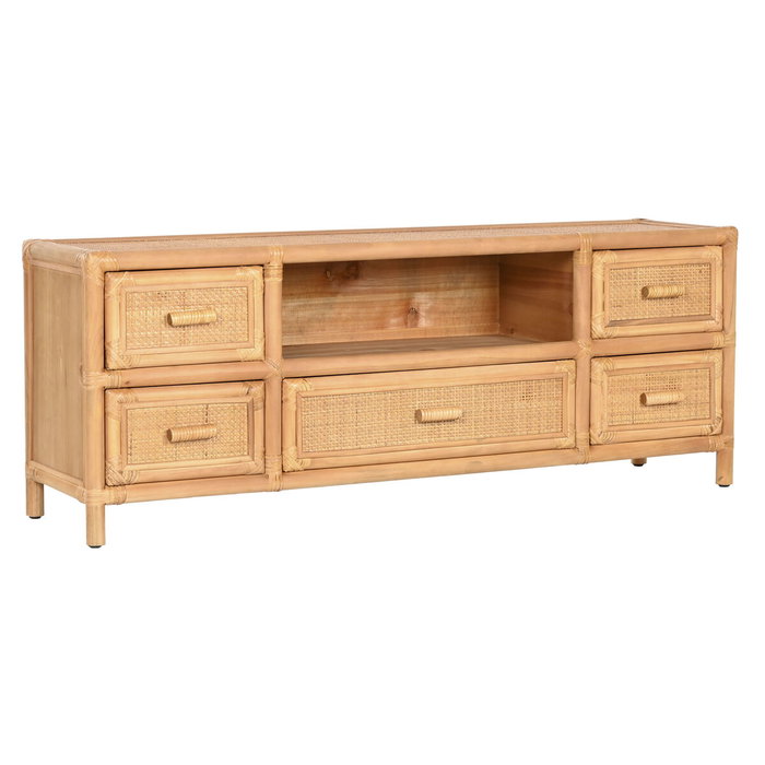 DKD Home Decor Mueble TV Abeto y Ratán 120x30x45 con 5 Cajones Natural