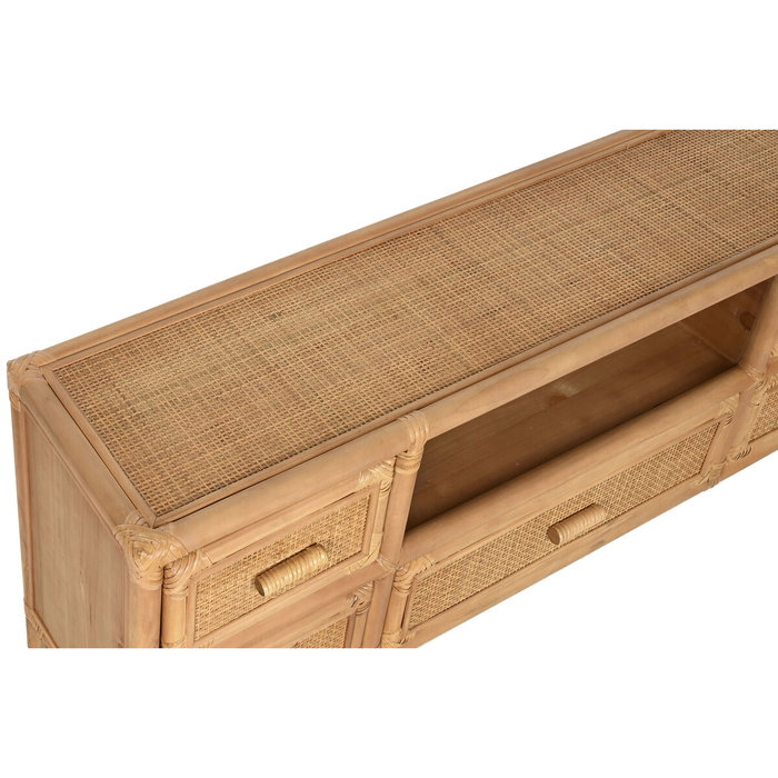 DKD Home Decor Mueble TV Abeto y Ratán 120x30x45 con 5 Cajones Natural