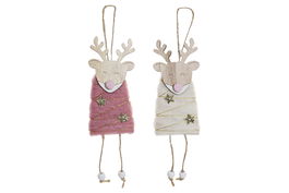 DKD Home Decor Decoración Colgante Navidad Fantasía Rosa Palo Blanco MDF Poliéster Lana 12 Unidades 3 x 18 x 6 cm