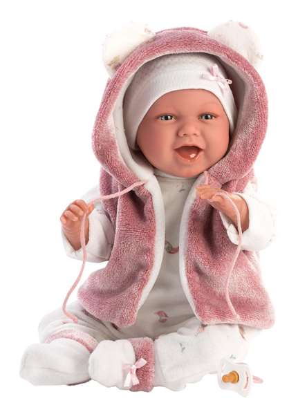 Llorens Muñeca Recién Nacida Mimi Sonrisas con Chaqueta Fucsia, Cuerpo de Tela y Chupete, Emite Sonidos, 40 cm Llorens Muñeca Recién Nacida Mimi Sonrisas con Chaqueta Fucsia, Cuerpo de Tela y Chupete, Emite Sonidos, 40 cm