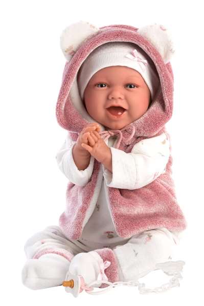 Llorens Muñeca Recién Nacida Mimi Sonrisas con Chaqueta Fucsia, Cuerpo de Tela y Chupete, Emite Sonidos, 40 cm Llorens Muñeca Recién Nacida Mimi Sonrisas con Chaqueta Fucsia, Cuerpo de Tela y Chupete, Emite Sonidos, 40 cm