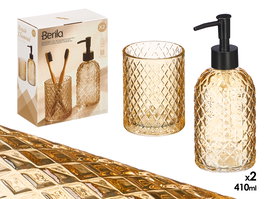 Berilo Set de 2 Dosificadores para Baño con Vaso 410 ml, Color Ámbar, Vidrio y Plástico, Dimensiones 16x28x8 cm (Set de 12)
