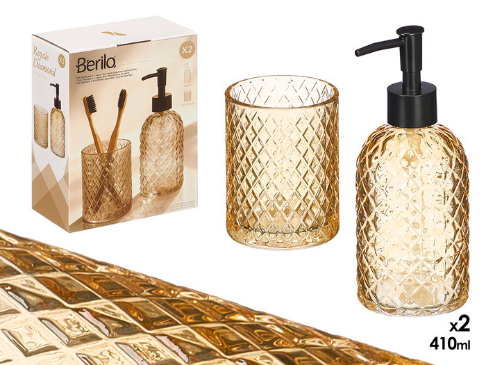 Berilo Set de 2 Dosificadores para Baño con Vaso 410 ml, Color Ámbar, Vidrio y Plástico, Dimensiones 16x28x8 cm (Set de 12) Berilo Set de 2 Dosificadores para Baño con Vaso 410 ml, Color Ámbar, Vidrio y Plástico, Dimensiones 16x28x8 cm (Set de 12)