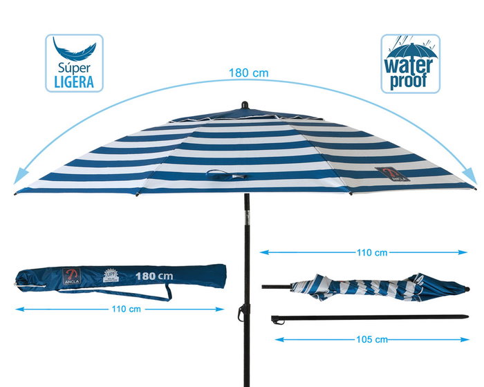 Parasol Marinero 180 cm Orient. Aluminio Oxford Upf50+ 210D 22-25 mm