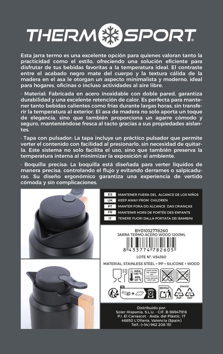 Thermospor Jarra Termo Acero Wood 1200 ml (d12.7x20.3 cm) (4 Unidades)