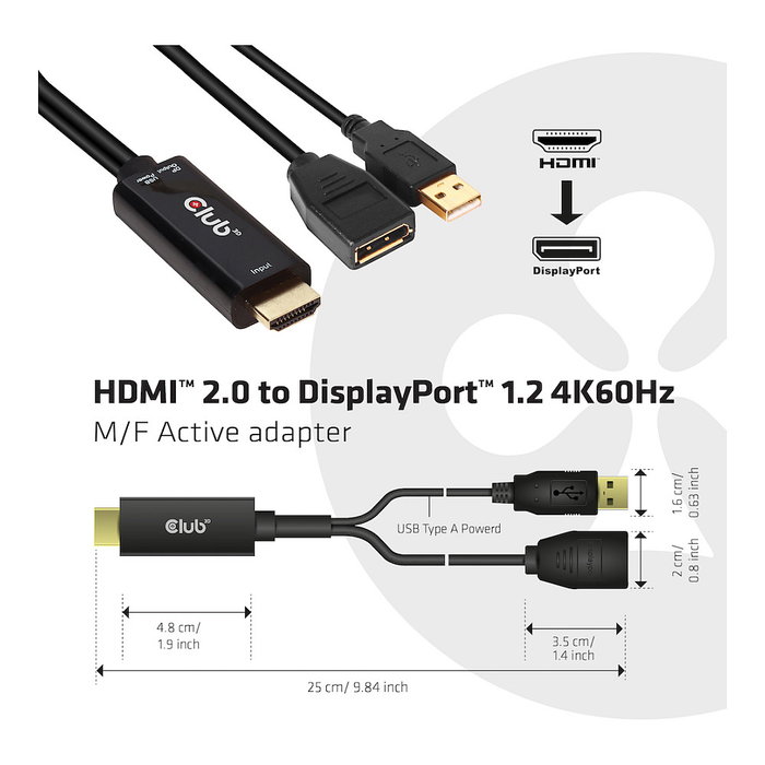 Club 3D Adaptador HDMI 2.0 a DisplayPort 1.2 activo 4K 60Hz HDR