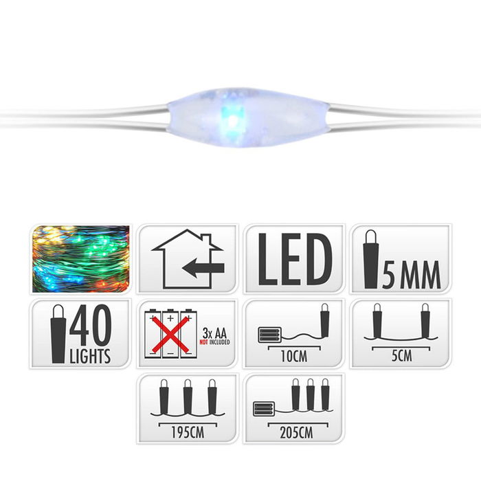 Basics Guirnalda a Pilas 40 LEDs Luz Multicolor Cable Alambre Plateado 195 cm Funcíón Fija Interior