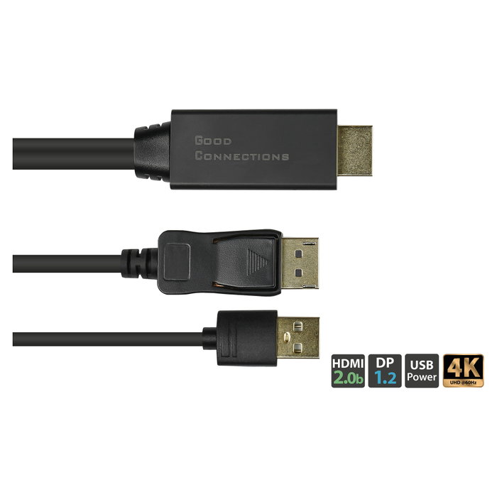 GoodConnections Alcasa HDMI-DP020 Adaptador Cable HDMI 2.0b a DisplayPort 1.2, 4K@60Hz, 2 Metros, Negro, Conectores Macho-Macho