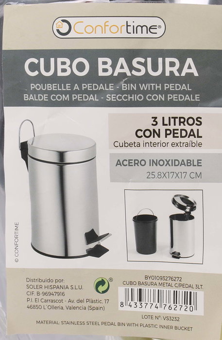 Confortime Cubo de Basura de Metal con Pedal, 3 Litros, 17.2 cm Ancho x 25.8 cm Alto x 24 cm Largo (6 Unidades)