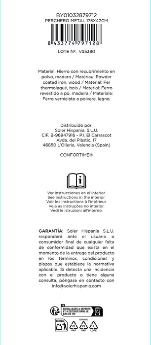 Inde Perchero Metálico de Pared, 175 x 42 cm (6 Unidades)