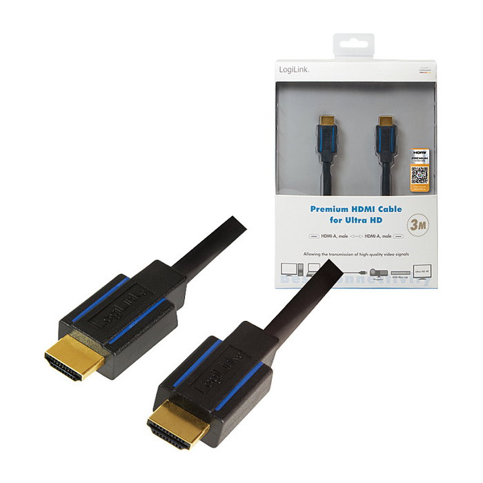 LogiLink Cable HDMI 4K/60 Hz, A/M a A/M, 3 m, negro/azul
