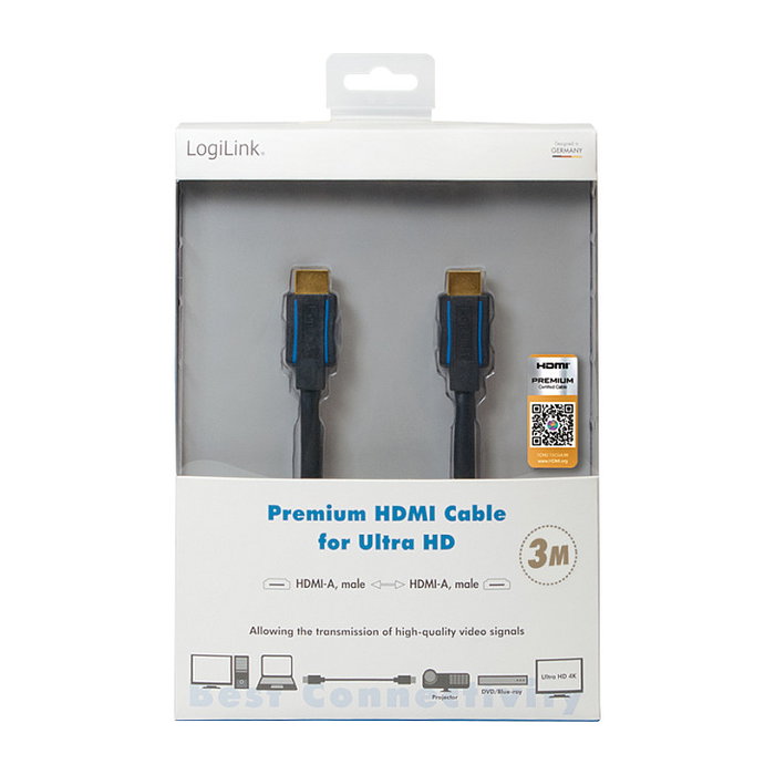 LogiLink Cable HDMI 4K/60 Hz, A/M a A/M, 3 m, negro/azul